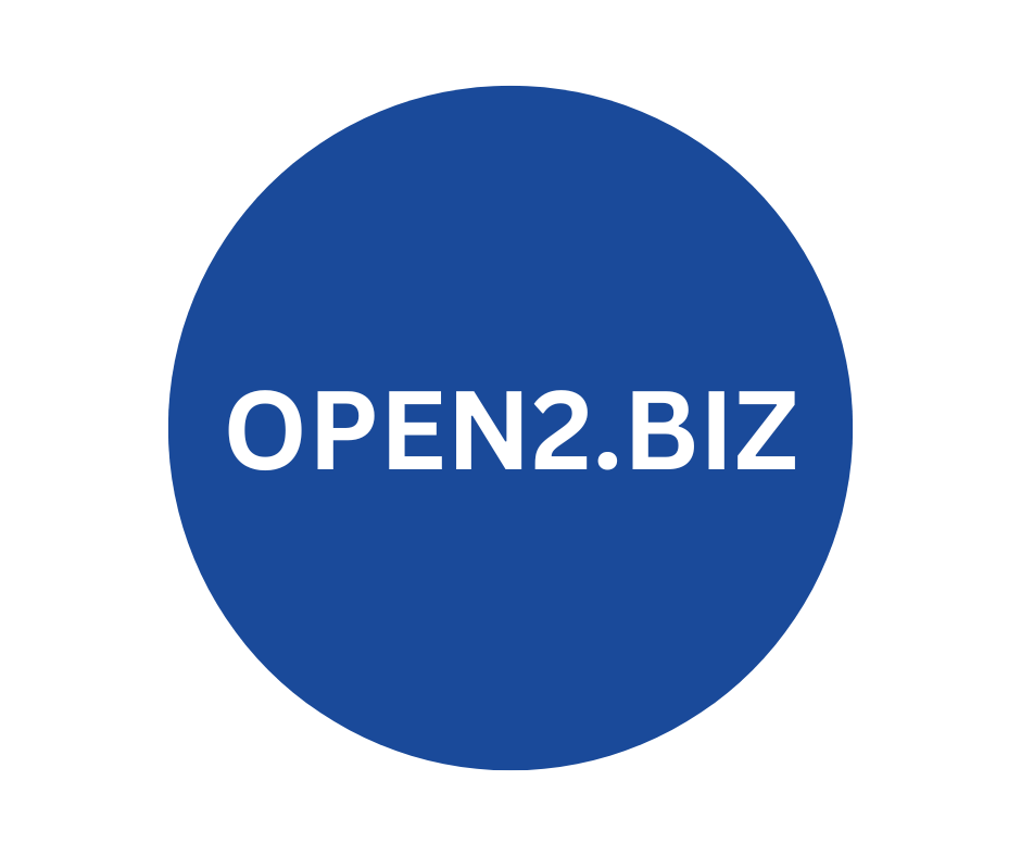 Blue circle with open2.biz written inside.