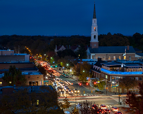 Downtown Chapel Hill at night - intersection of Franklin and Columbia